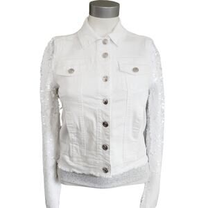 GENERATION LOVE Rosie sequined sleeve white raw hem denim jeans jacket Sz L NEW